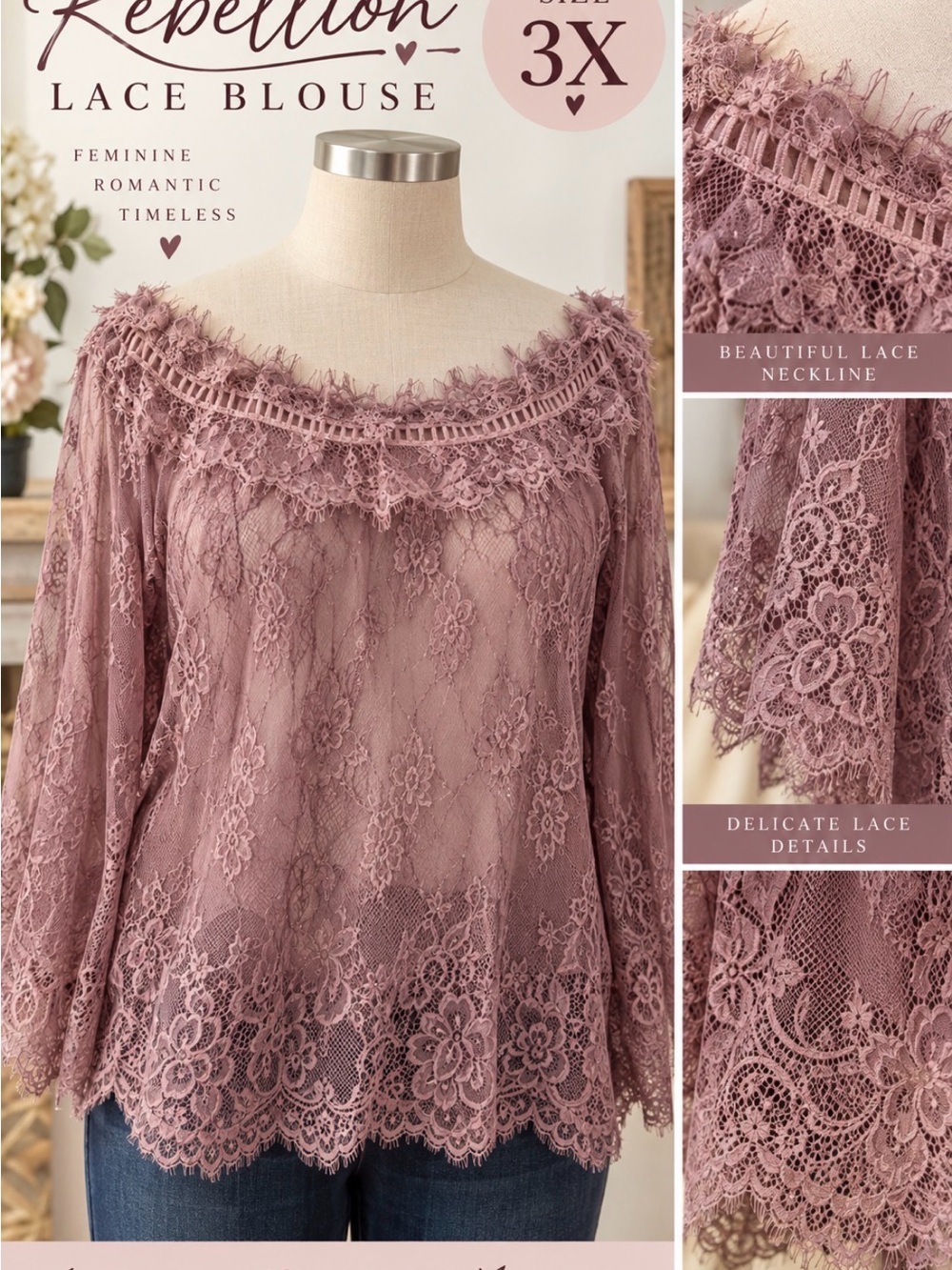 Rebellion Dusty Mauve Lace Off-Shoulder Blouse